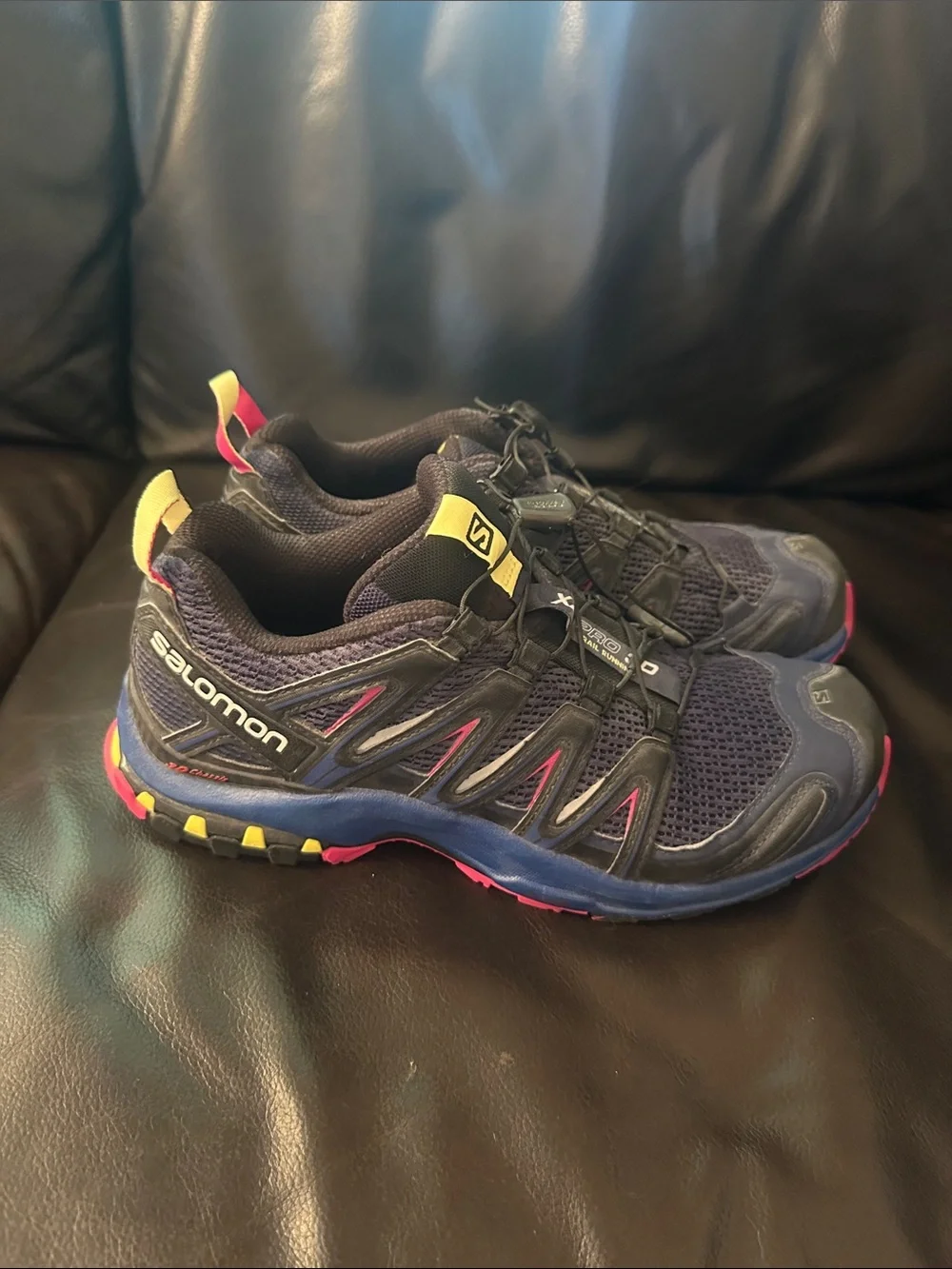 Salomon Trail Runners in Navy with Yellow & Pink Highlights Women's 9.5